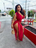 Red slitted body suit