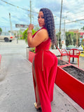 Red slitted body suit