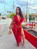 Red slitted body suit