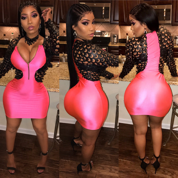 Hot Pink Black Faux Leather Mini Dress