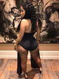 Copy of Black Tie Around The Neck Romper With Black Metallic Sequin And Black Mesh Material Falling From Both Sides Of Romper