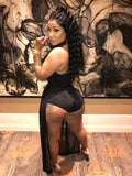 Copy of Black Tie Around The Neck Romper With Black Metallic Sequin And Black Mesh Material Falling From Both Sides Of Romper