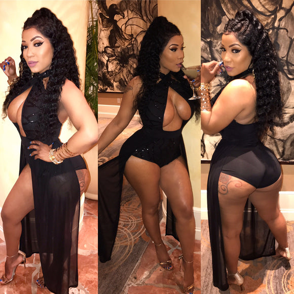 Black Tie Around The Neck Romper With Black Metallic Sequin And Black Mesh Material Falling From Both Sides Of Romper