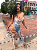 Lite Denim Dominatrix Stretchy Pants “Without” White Snap Crotch Onesie Top “Risqué”