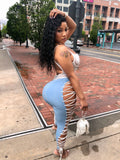 Lite Denim Dominatrix Stretchy Pants “Without” White Snap Crotch Onesie Top “Risqué”