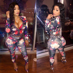Dark Blue Floral 2 Piece Set TOP AND BOTTOM