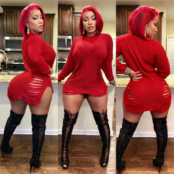 Red Knitted Sweater Dress WITHOUT Laced Up Black Boots