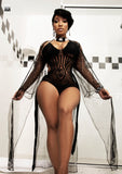 Black Crochet Bathing/Swim Suit With Sheer Black With White Marbled See Thru Cover up Robe "BOTH SWIM SUIT AND ROBE"