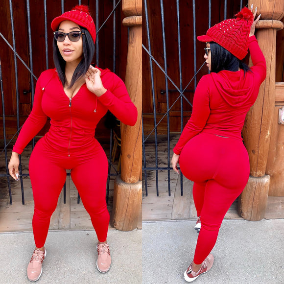 Red 2 Piece “work out set/track suit “WITHOUT”!!! Swarovski Crystal Red Knitted Hat Included”