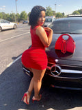 Red mini dress with Red Gator Handbag