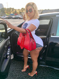Red White And Blue Top With HighWaist Blue Jean Shorts