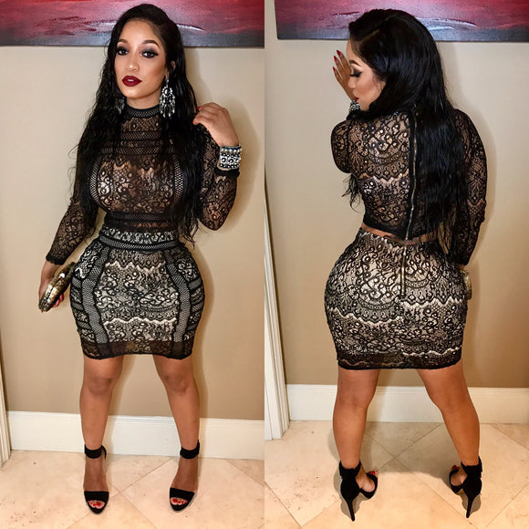Black 2 piece Lace Meshed Material (with built in nude underliner)