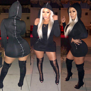 Black Hoodie Mini Dress "Zippered" up