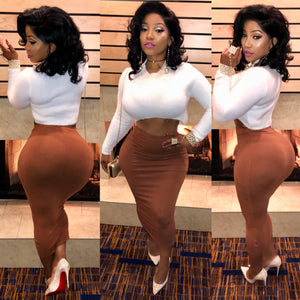 2 Piece Set White Fleece Top And Brown Pencil Skirt "TOP AND BOTTOM