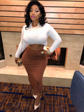 2 Piece Set White Fleece Top And Brown Pencil Skirt "TOP AND BOTTOM