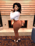 2 Piece Set White Fleece Top And Brown Pencil Skirt "TOP AND BOTTOM